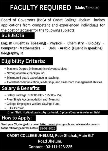 Job Advertisement - Teaching Faculty Jobs in Cadet College Jhelum