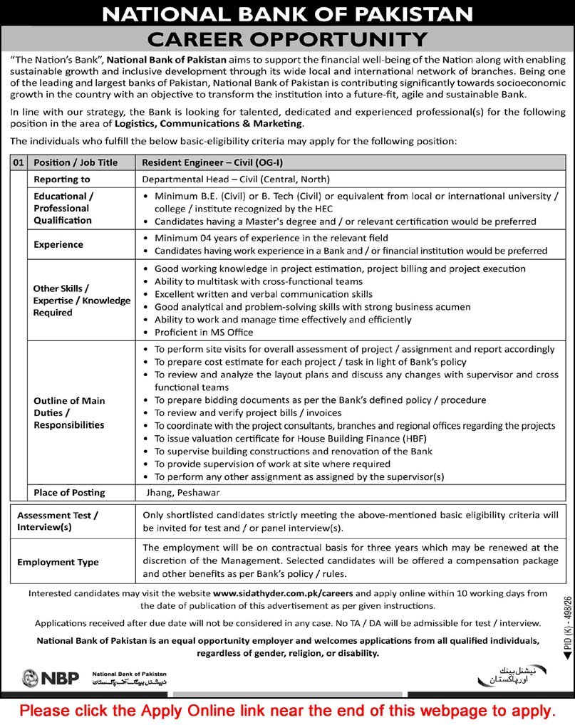 Job Advertisement - Resident Engineer - Civil (OG-I)