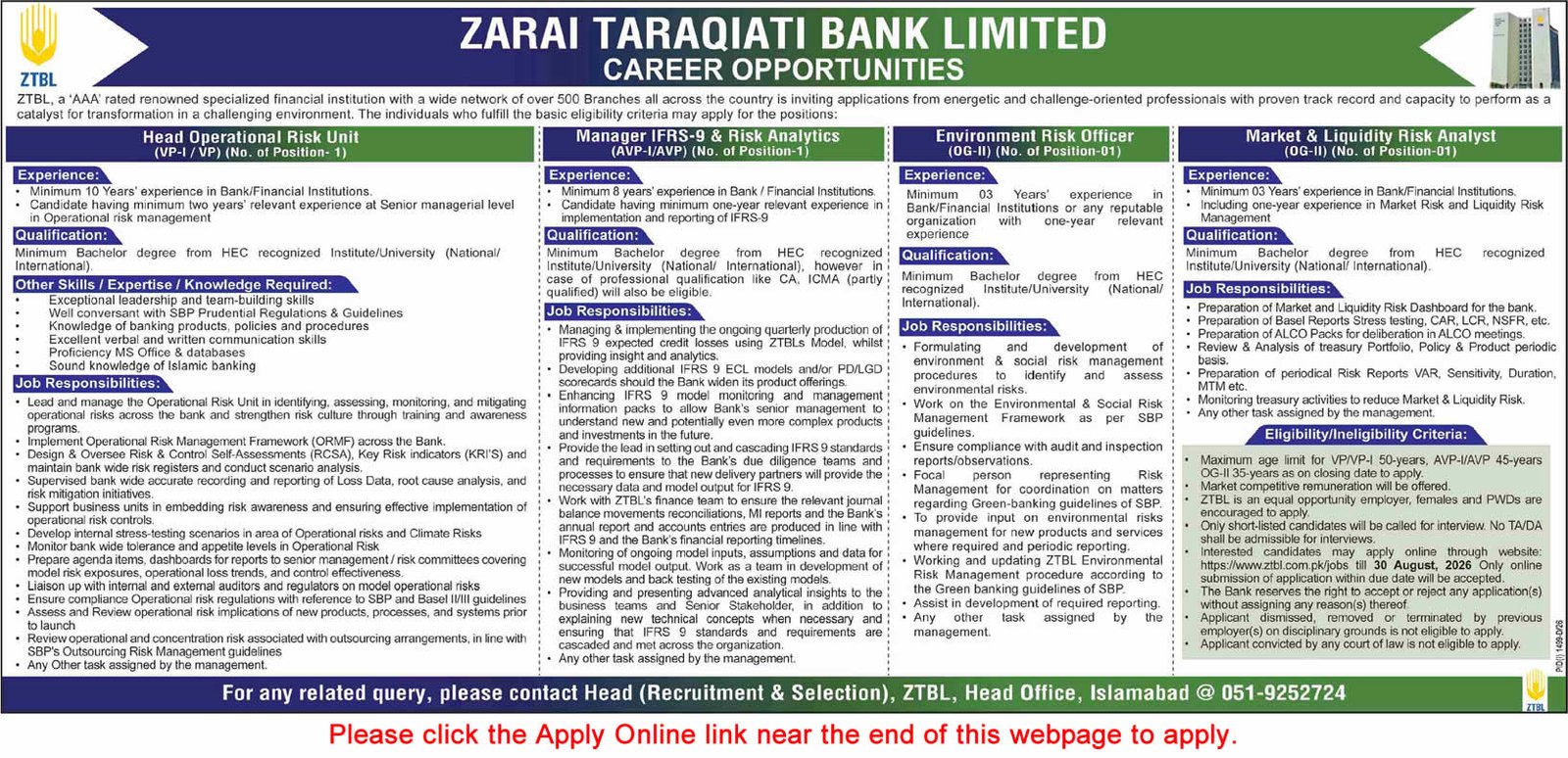 Job Advertisement - ZTBL Jobs August 2026 - Zarai Taraqiati Bank Limited
