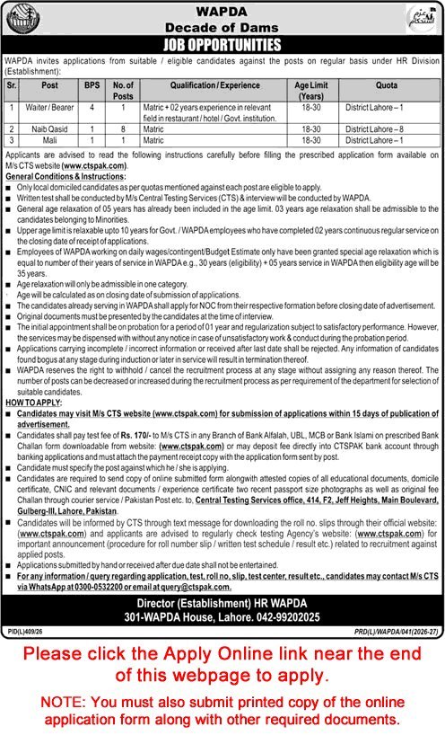 Job Advertisement - WAPDA Jobs August 2026 – Naib Qasid, Waiter & Mali