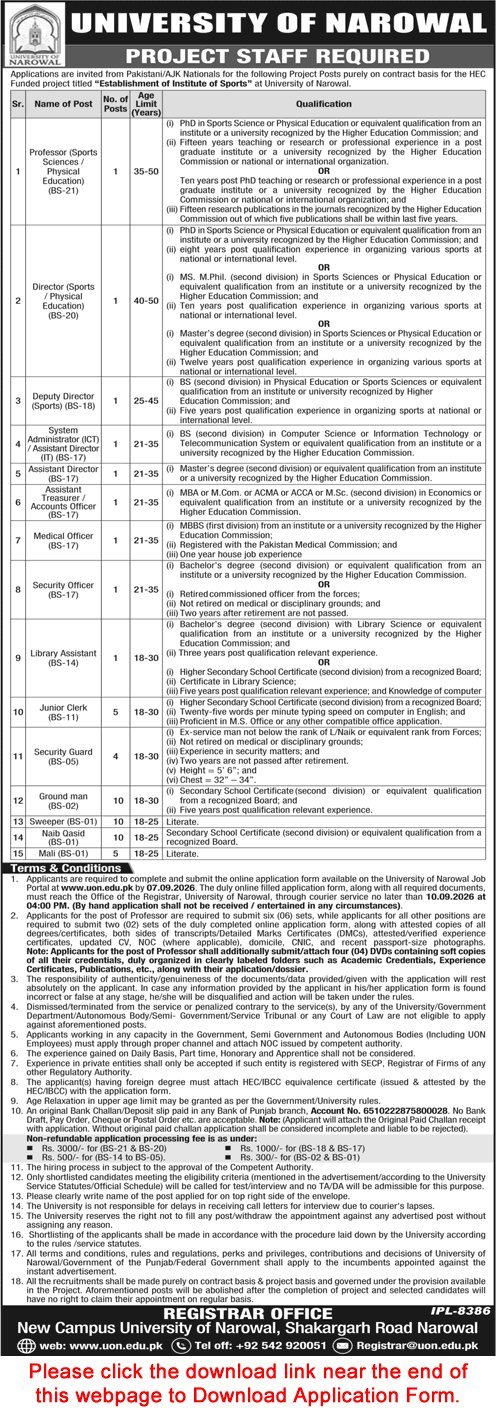 Job Advertisement - University of Narowal Jobs August 2026