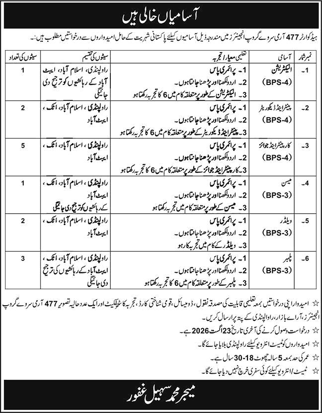 Job Advertisement - Headquarter 477 Army Survey Group Engineers Rawalpindi Jobs August 2026 Carpenters, Plumber & Others Latest