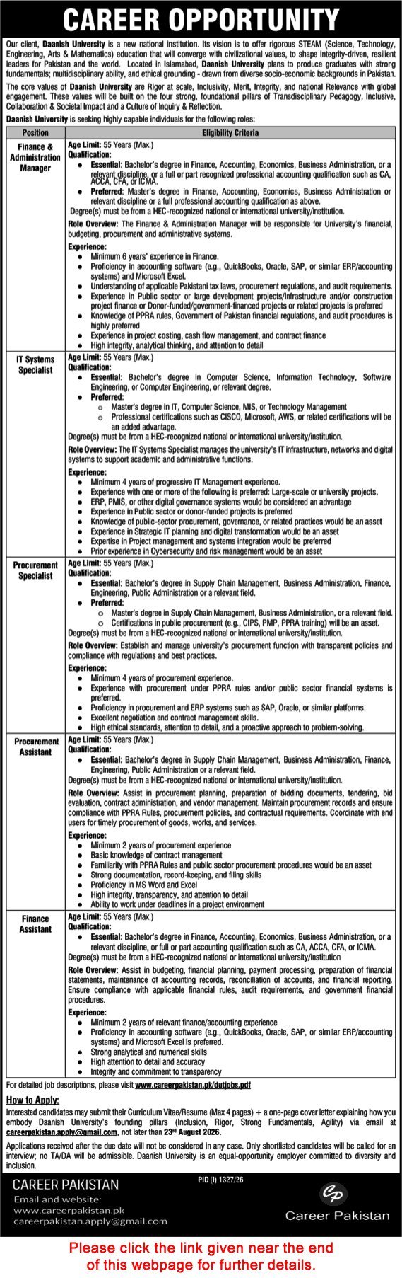 Job Advertisement - Daanish University Islamabad Jobs August 2026