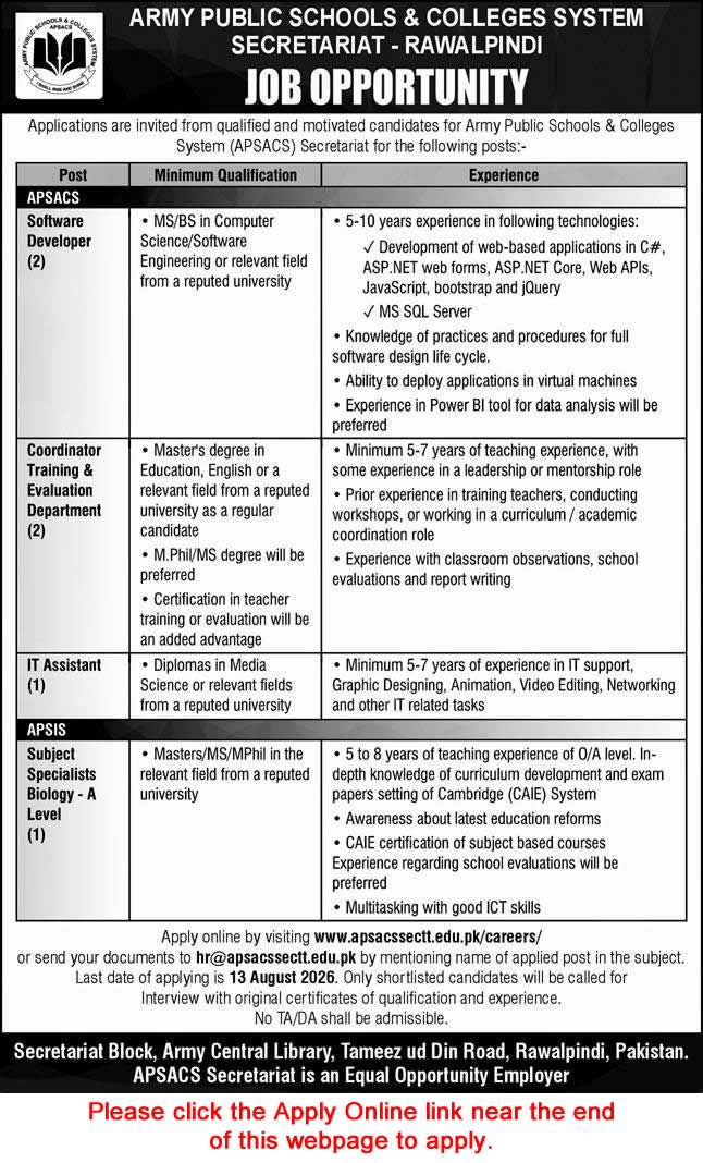 Job Advertisement - Software Developers & Others - APSACS Secretariat Rawalpindi