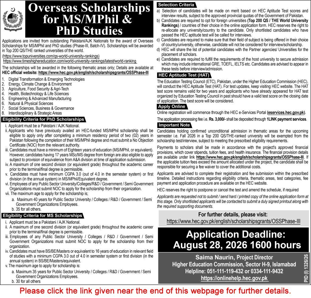 Job Advertisement - HEC Overseas Scholarships August 2026 Apply Online for MS/MPhil & PhD Studies