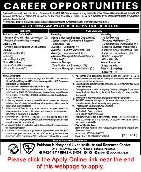Job Advertisement - PKLI Lahore Jobs 2026 Apply Online Pakistan Kidney and Liver Institute Latest