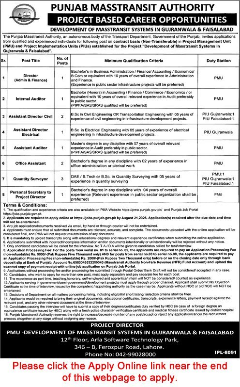 Job Advertisement - Punjab Masstransit Authority Jobs 2026 August Apply Online Quantity Surveyors, Office Assistants & Others