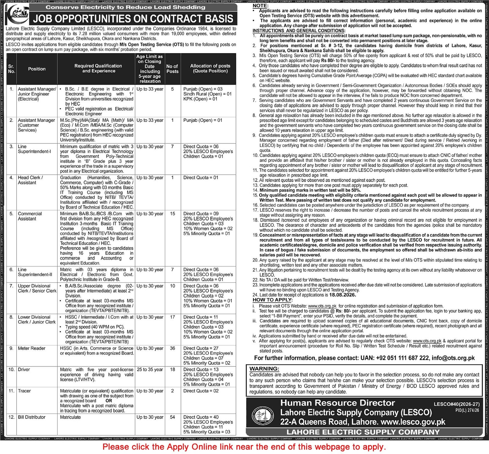 Job Advertisement - LESCO Jobs August 2026 OTS Apply Online