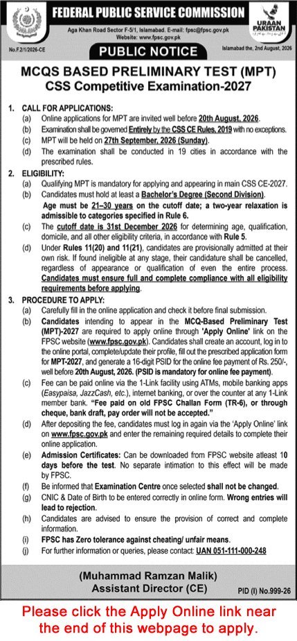 Job Advertisement - FPSC CSS Competitive Examination 2027 Online Apply MCQ Based Preliminary Test MPT