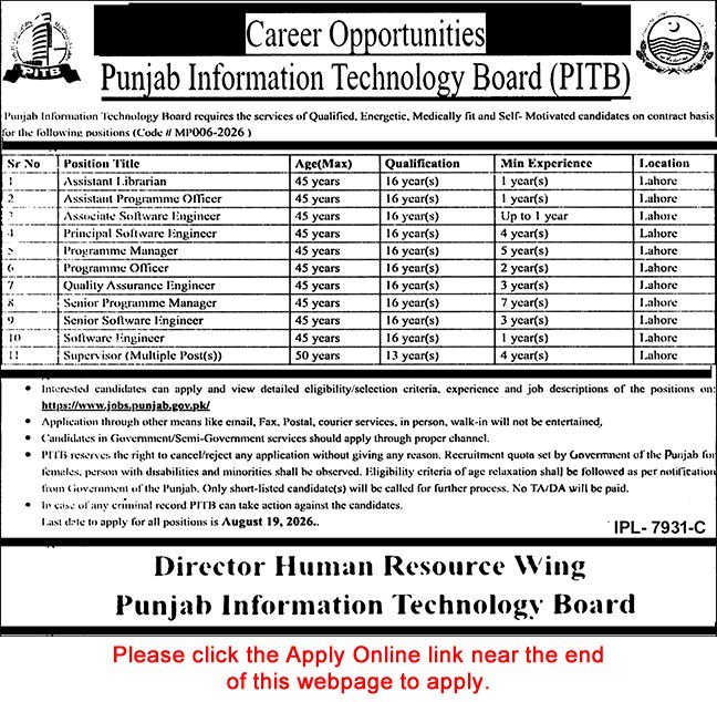 Job Advertisement - PITB Jobs August 2026 – Punjab Information Technology Board Lahore