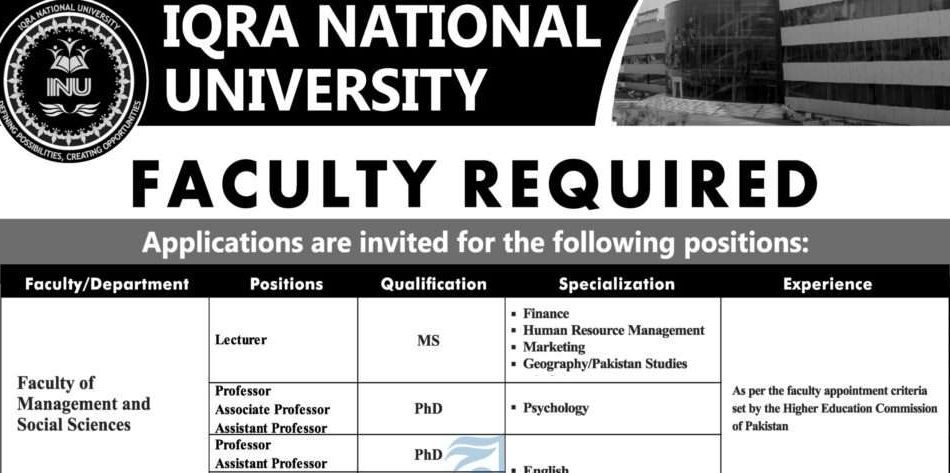 1694769887 Visiting Faculty Required At Iqra National University For Various Department