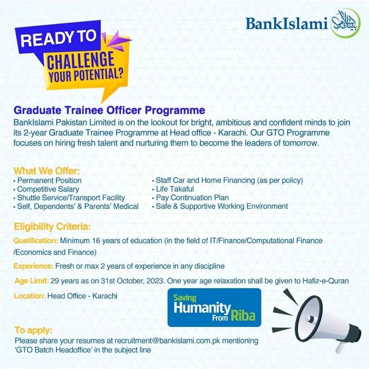 Bank Islami Latest Career Opportunities 2023 Graduate Trainee Officer Programme