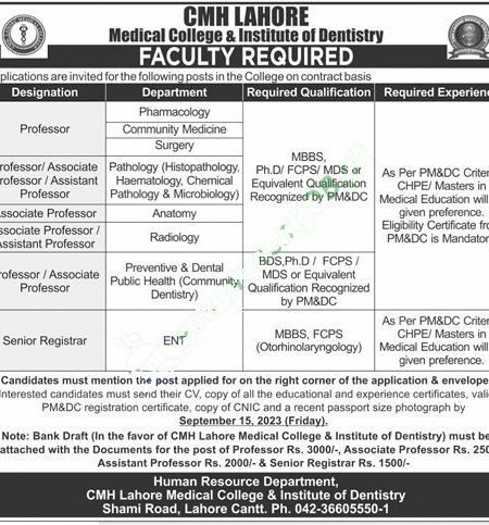 CMH Lahore Jobs 2023 – CMH College Contract Basis Faculty