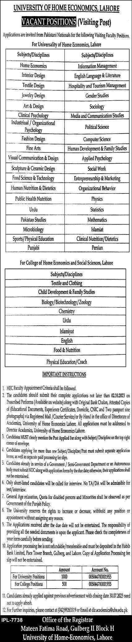 Exciting Teaching Opportunities at University of Home Economics Lahore