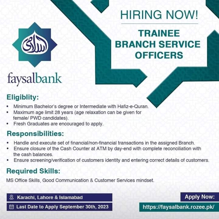 Faysal Bank Latest Career Opportunities 2023 For TRAINEE BRANCH SERVICE OFFICERS