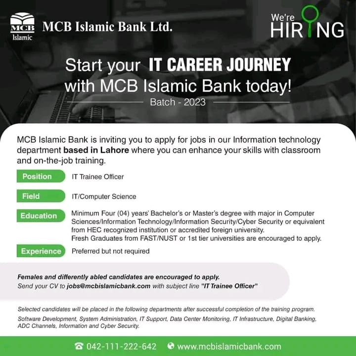 MCB Bank Latest Hiring Is Announced For IT Trainee Officer Batch 2023