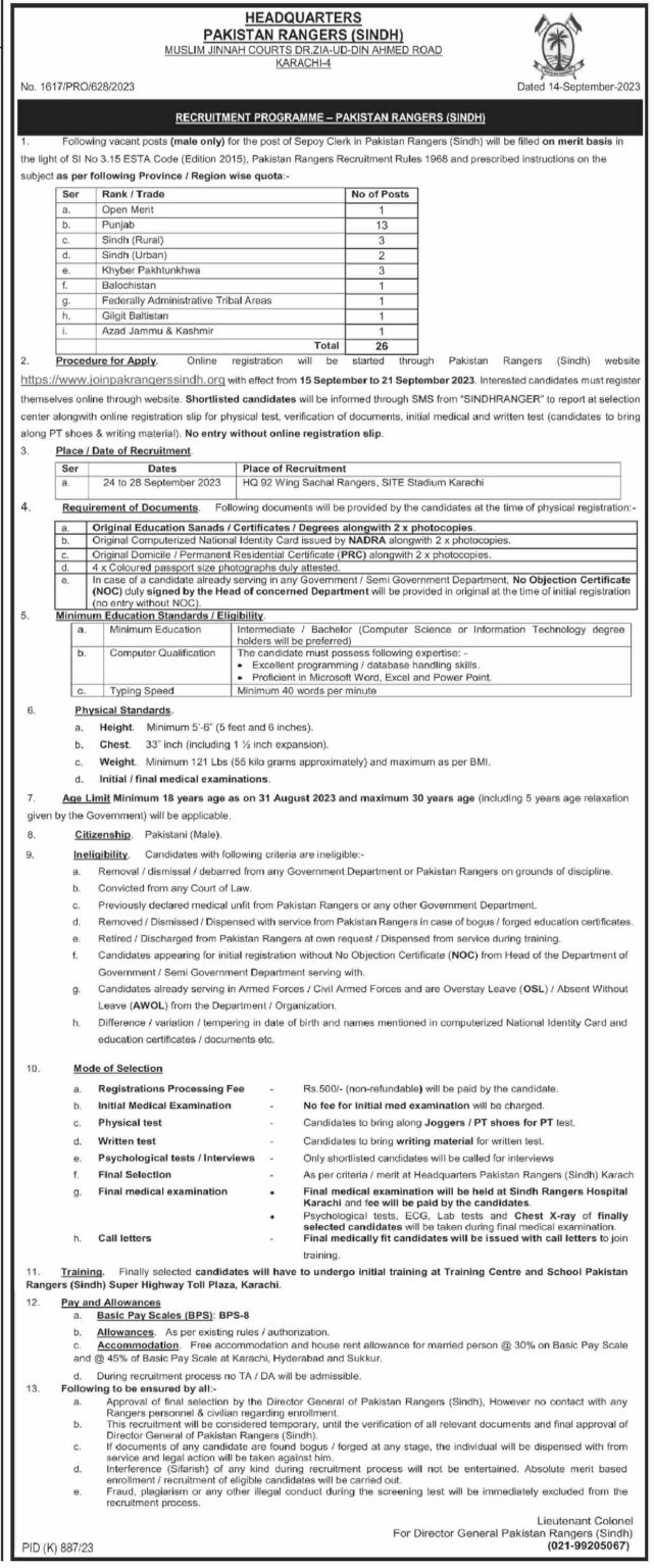 Pakistan Rangers Jobs September 2023 For Sepoy Clerk Apply Online