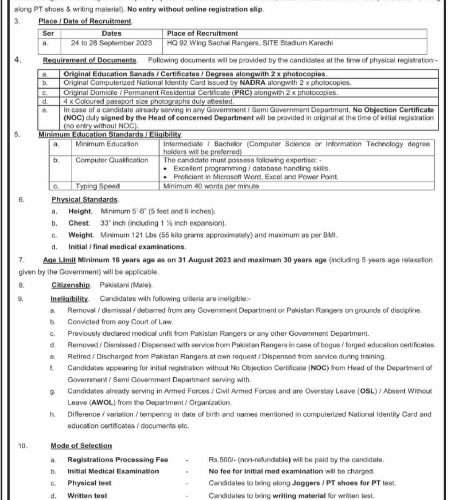 Pakistan Rangers Sindh Sepoy Clerk Jobs 2023