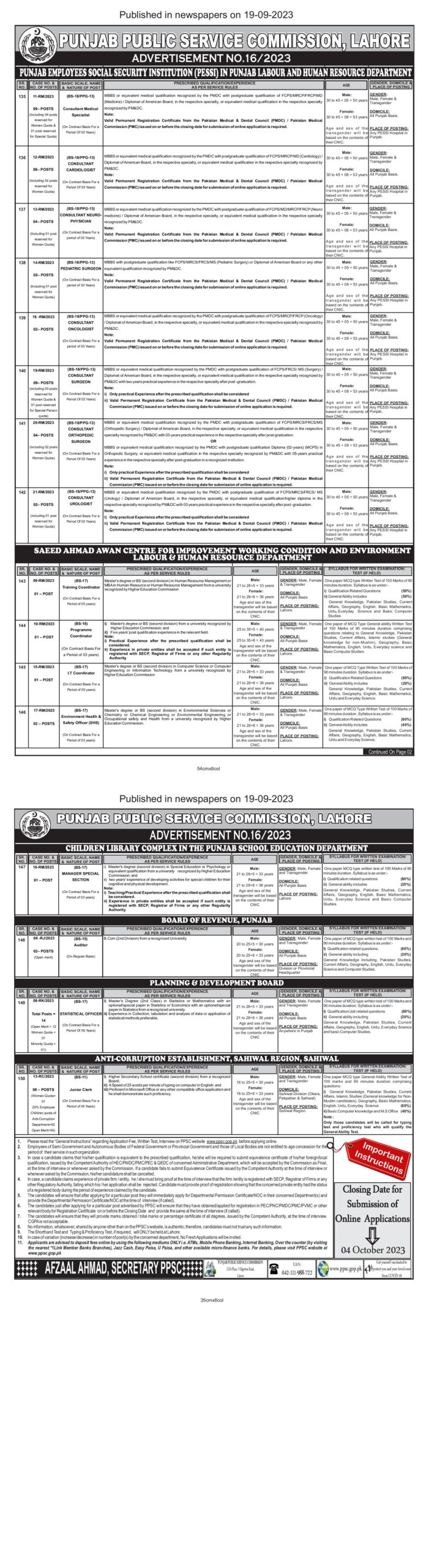 Punjab Public Service Commission PPSC Advertisement No.16/2023 Latest Job Opportunities