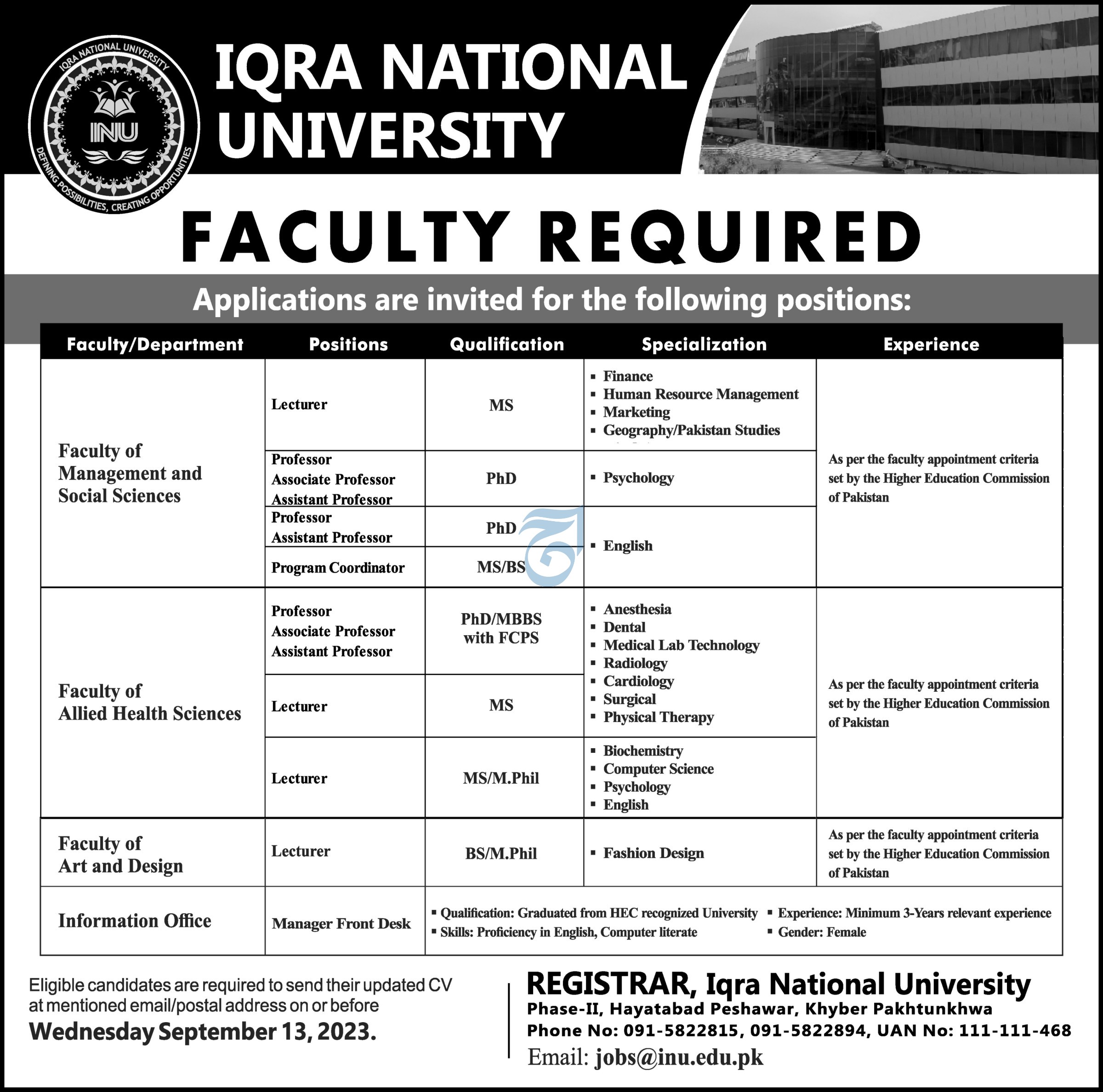 Visiting Faculty Required At Iqra National University For Various Department