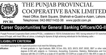 Punjab Provincial Cooperative Bank General Banking Officer OG-III Career Opportunities 2023
