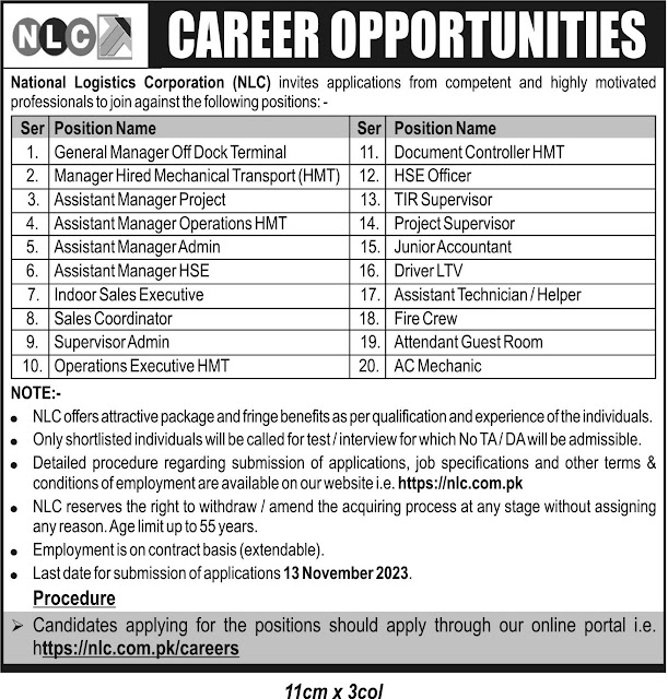 Advertisement For National Logistics Cell NLC Jobs 2023