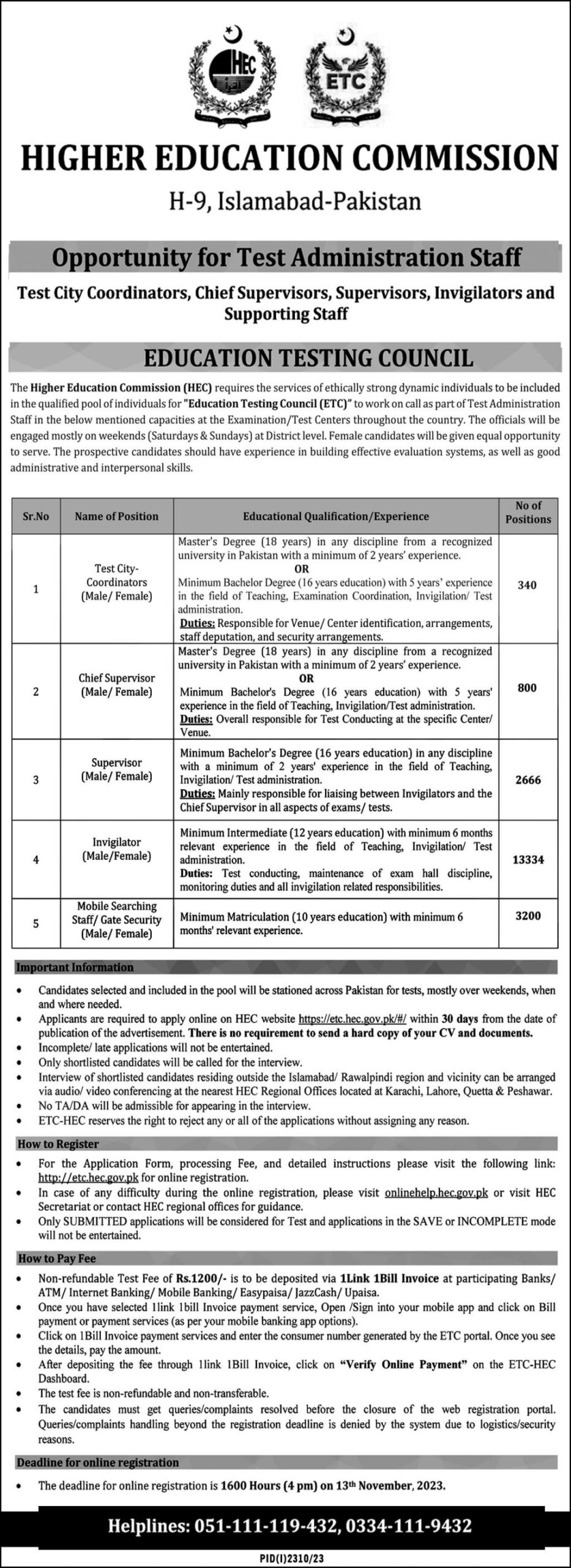 HEC Test Administration Staff Latest Career Opportunities 2023