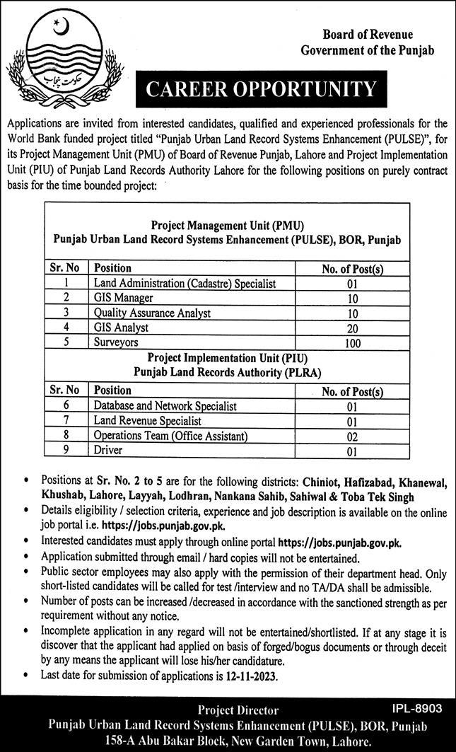 Punjab Board Of Revenue Lahore Jobs 2023