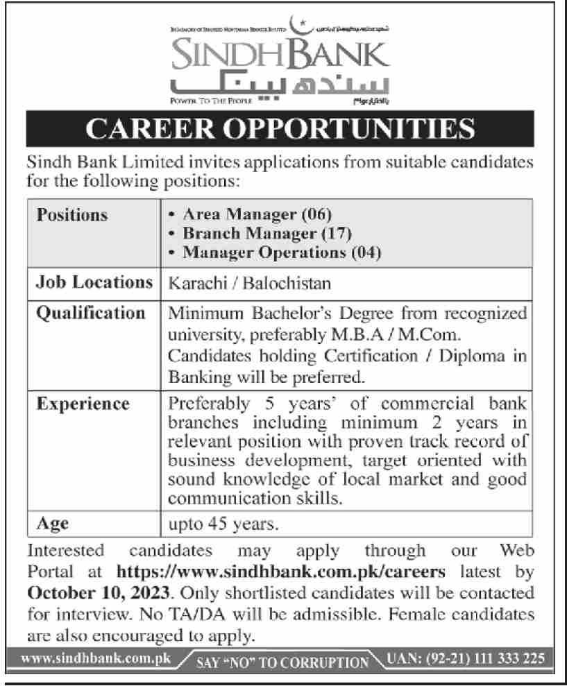 Sindh Bank Limited Career Opportunities 2023 