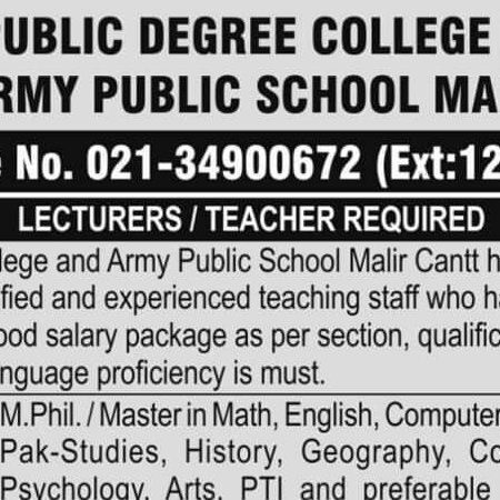 Teaching Staff Required At Army Public School APS Malir Cantt Karachi