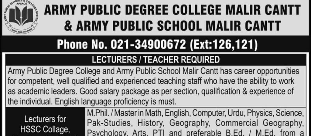 Teaching Staff Required At Army Public School APS Malir Cantt Karachi