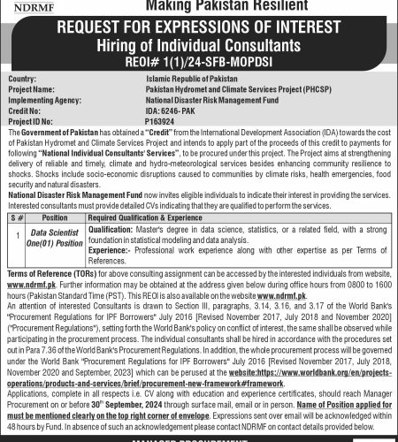 Consultant job at National Disaster Risk Management Fund | Find Pak Jobs