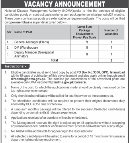 Posts Vacant at National Disaster Management Authority | Find Pak Jobs