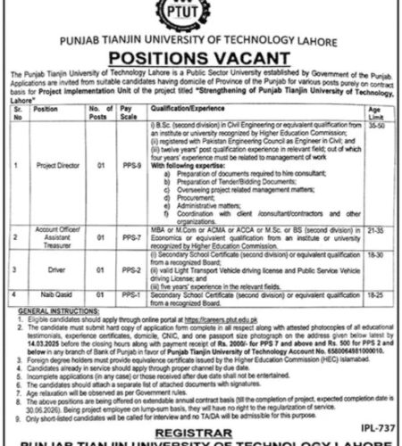Punjab Tianjin University of Technology PTUT Jobs 2025 | Find Pak Jobs