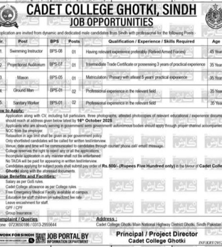 Cadet College Ghotki Jobs Notice 2025 | Find Pak Jobs