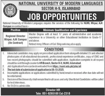 NUML University Mirpur Campus Jobs 2025 | Find Pak Jobs 2 Regional Director Job
