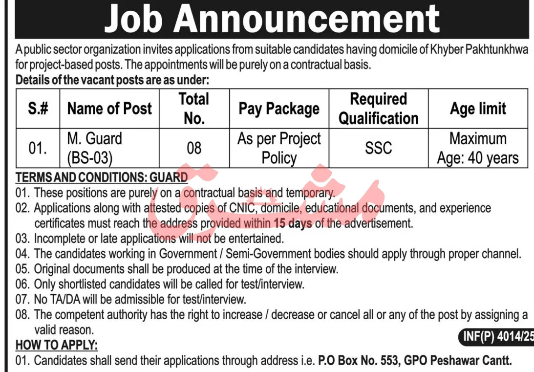 Public Sector Organization Peshawar Cantt Job 2025 | Find Pak Jobs 2 Guard job in Peshawar